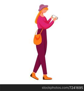 Young woman with smartphone flat vector illustration. Millennial. Walking teenager with gadget. Adolescent girl using phone screen on the go isolated cartoon character on white background