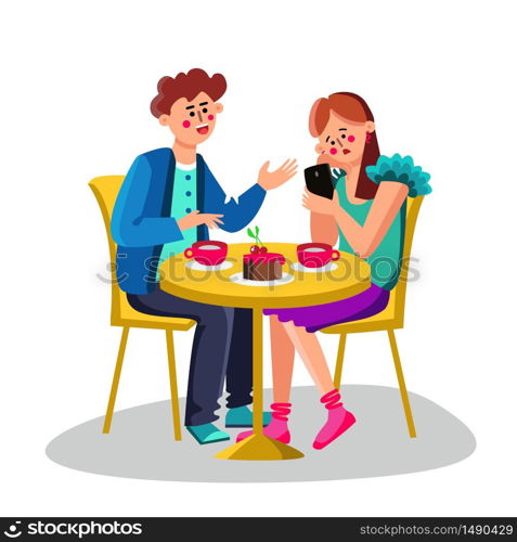 Young Woman With Smartphone Ignore Man Vector. Character Girlfriend Ignore Boyfriend And Sitting On Chair, Boy Try Talking With Girl. Drink Cups And Cherry Cake. Cafe Flat Cartoon Illustration. Young Woman With Smartphone Ignore Man Vector