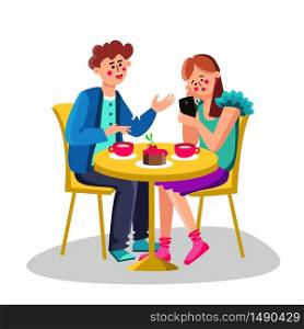 Young Woman With Smartphone Ignore Man Vector. Character Girlfriend Ignore Boyfriend And Sitting On Chair, Boy Try Talking With Girl. Drink Cups And Cherry Cake. Cafe Flat Cartoon Illustration. Young Woman With Smartphone Ignore Man Vector