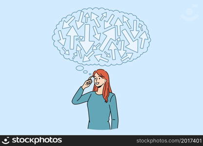 Young woman with speech bubble above head feel confused think of problem solution. Pensive female frustrated with planning or decision making, brainstorm solve problem. Vector illustration.. Woman feel confused making decision or planning