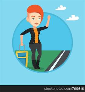 Young woman with suitcase hitchhiking on roadside. Hitchhiking woman trying to stop a car on a highway. Woman catching taxi car. Vector flat design illustration in the circle isolated on background.. Young woman hitchhiking vector illustration.