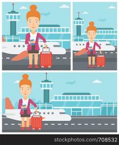 Young woman with suitcase holding a passport with ticket at the airport. Vector flat design illustration. Square, horizontal, vertical layouts.. Woman with suitcase and ticket at the airport.