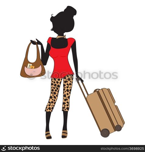 young woman with suitcase, illustration in vector format