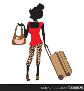 young woman with suitcase, illustration in vector format