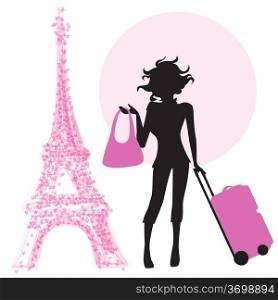 young woman with suitcase in Paris, illustration in vector format