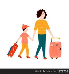 Young woman with suitcases and kid going for vacation. Vector illustration in a flat style. Young woman and kid going for vacation