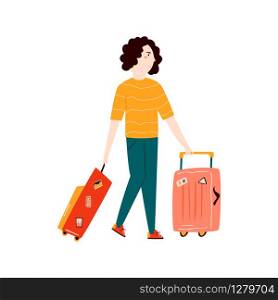 Young woman with suitcases going for vacation. Vector illustration in a flat style. Young woman with suitcases going for vacation