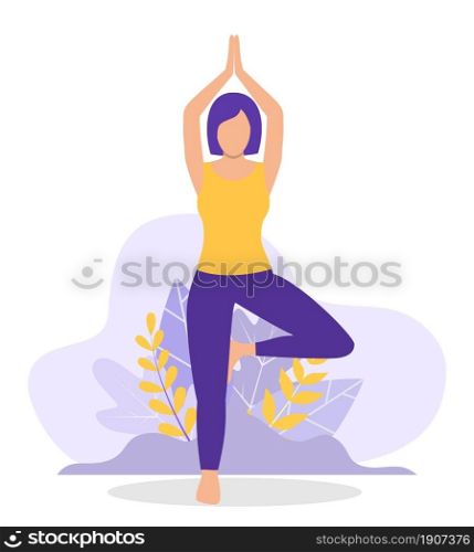 Young woman woman doing yoga workout. concept of meditation, the health benefits for the body, mind and emotions. inception and the search for ideas. Vector illustration in flat style. Young woman doing yoga workout.