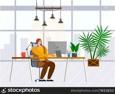 Young woman work on computer alone in cabinet. Lady working as programmer or manager. Room interior with plants and window with cityscape view. Vector illustration of open space office in flat style. Woman Work on Computer at Office, Interior of Room