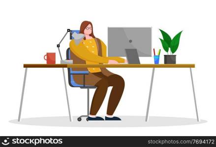 Young woman work on laptop at office room. Lady sit on chair by table and type on keyboard of computer. Coffee cup, plant and l&on desk, person workplace. Vector illustration of open space in flat. Woman Work on Computer at Office, Cozy Workplace