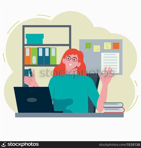 Young woman working at office and chating with colleagues online. Flat cartoon illustration isolated on white background.. Young woman working at office and chating with colleagues online. Flat cartoon illustration