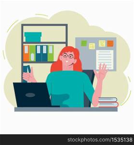 Young woman working at office and chating with colleagues online. Flat cartoon illustration isolated on white background.. Young woman working at office and chating with colleagues online. Flat cartoon illustration