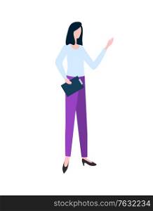 Young woman working in a cellular communications, pretty worker wearing a light blue blouse and purple formal pants in black heels vector illustration. Woman Working in Cellular Communications Vector
