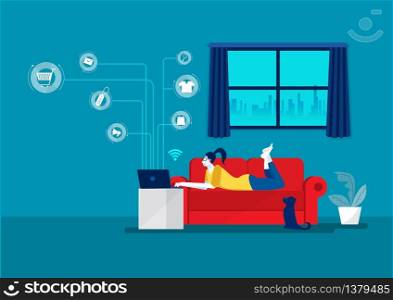 young woman working on laptop lying on sofa at home E-Business in Covid19 Pandemic Condition. Shopping Online, illustrator vector.