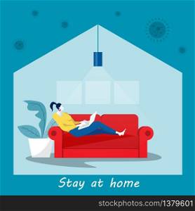 young woman working on laptop lying on sofa at home E-Business in Covid19 Pandemic Condition. Shopping Online, illustrator vector
