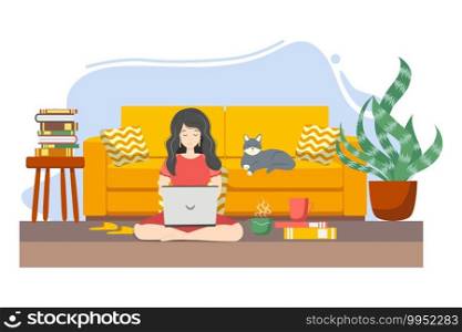 Young woman working or studying from home, sitting on the couch, in a cozy atmosphere, with tea and a cat. Covid-19 quarantine concept, work and learning from home. Cartoon style. Young woman working or studying from home, sitting on the couch, in a cozy atmosphere, with tea and a cat. Covid-19 quarantine concept, work and learning from home.