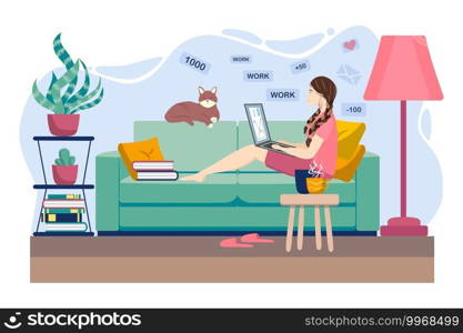Young woman working or studying from home, sitting on the couch, in a cozy atmosphere, with tea and a cat. Covid-19 quarantine concept, work and learning from home. Cartoon style