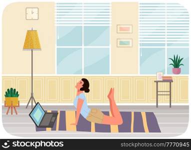 Young woman working out doing exercises at home. Girl doing yoga on mat. Sportswoman stretches in apartment. Yogi performs physical exercise by video on computer. Healthy lifestyle and sports activity. Young woman working out doing exercises at home. Yogi performs physical exercise, doing yoga