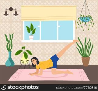 Young woman working out doing exercises at home on a mat on the floor in a healthy daily life concept, vector cartoon illustration. A girl is doing sport at home and stretching with yoga exercise. Woman working out doing exercises at home on a mat on the floor in a healthy daily life concept