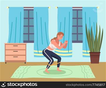 Young woman working out doing exercises at home on a mat, squat with a load in a healthy daily life concept, vector cartoon illustration. Girl is doing sport at home and stretching with yoga exercise. Young woman working out doing exercises at home on a mat, squat with a load in a healthy daily life