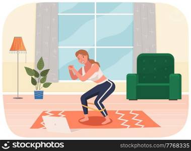 Young woman working out doing exercises at home on mat, squat with load in healthy daily life concept vector cartoon. Girl is doing sport at home and stretching with yoga exercise. Gymnastics practice. Young woman working out doing exercises at home on mat, squat with load in healthy daily life