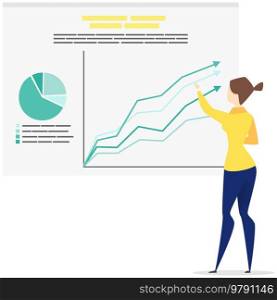 Young woman working with statistics, growth of profit graph. Presentation of financial report with statistical indicators. Girl demonstrates results of data analysis, income growing, business research. Young woman working with statistics, growth of profit graph, presentation of financial report