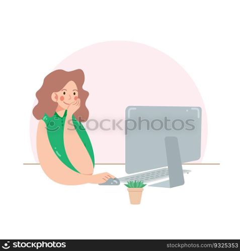 Young woman works at the computer. Freelancer or office worker sitting with computer and flower in a pot. Girl is thinking and smiling with pleasure of work