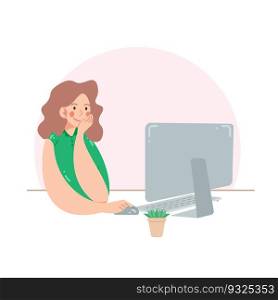 Young woman works at the computer. Freelancer or office worker sitting with computer and flower in a pot. Girl is thinking and smiling with pleasure of work