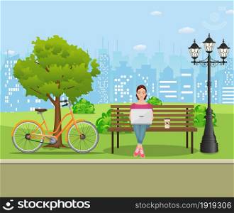 Young woman works in park with computer on bench under tree. Freelance lifestyle. Vector illustration in flat style. Young woman works in park with computer