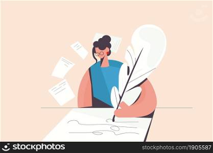 Young woman writer in glasses hold feather write create novel or poetry for readers. Female publicist handwrite with ink on paper. Literature, hobby, art concept. Flat vector illustration. . Woman writer create poetry with feather on paper