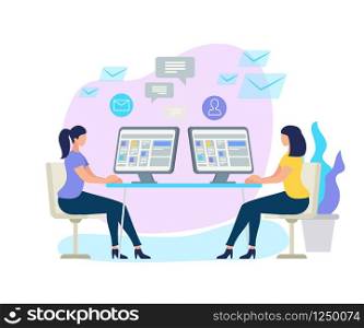 Young Women Characters Sitting at Desks with Computer Monitors and Chatting in Cyberspace. Communication Signs and Icons. Social Media Networking, Internet Account. Cartoon Flat Vector Illustration. Women Characters Sitting at Desks with Computer