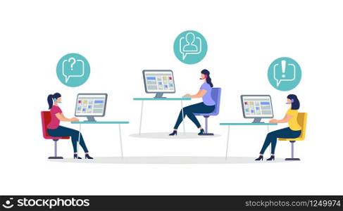 Young Women Characters Wearing Head Set Sitting at Desks with Computer Monitors. Communication Icons. Client Call Service, Social Media Networking, Online Education. Cartoon Flat Vector Illustration. Women Wearing Head Set Sit at Desks with Computer
