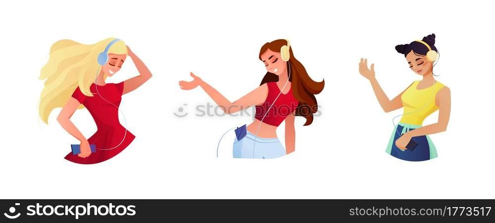 Young women dancing and listening to music, wearing headphones and earphones. Vector cartoon illustration.