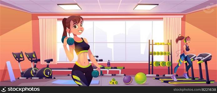 Young women exercising in gym, fit smiling girls workout with dumbbells and run on treadmill. Female athlete characters sports activity, healthy lifestyle, weight loss, Cartoon vector illustration. Young women exercising in gym, fit girls workout