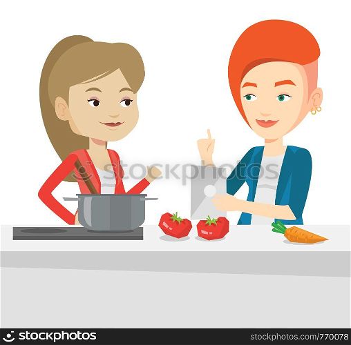 Young women following recipe for healthy vegetable meal on digital tablet. Women cooking healthy meal. Women having fun cooking together. Vector flat design illustration isolated on white background.. Women cooking healthy vegetable meal.