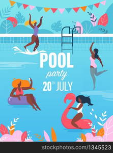 Young Women Having Fun Outdoors in Open Air Swimming Pool Party. People Floating in Rubber Ring, , Talking, Make Selfie. Modern Colorful Invitation, Cartoon Flat Vector Illustration, Vertical Banner.