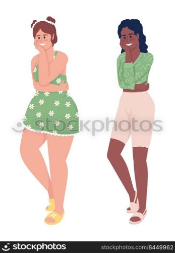 Young women hugging themselves semi flat color vector characters set. Editable figure. Full body people on white. Simple cartoon style illustration for web graphic design and animation collection. Young women hugging themselves semi flat color vector characters set