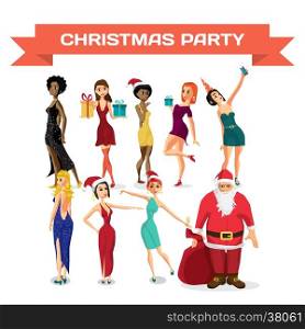 Young women in costumes and Santa Claus for the Christmas party. Vector flat cartoon illustration isolated on a white background