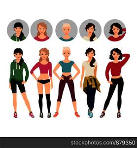 Young women in sport clothes vector illustration with face avatar icons vector set. Young women in sport clothes