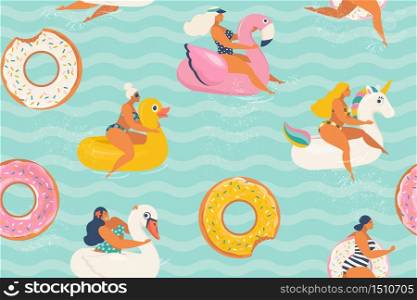 Young women relaxing and sunbathing on inflatable rings of different in shape of duck, unicorn, white swan, donut, flamingo in swimming pool. Vector illustration. Young women relaxing and sunbathing on inflatable rings of different in shape of duck, unicorn, white swan, donut, flamingo in swimming pool. Vector illustration.