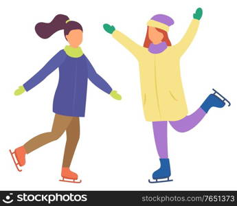 Young women skating on ice rink together. Two girls spend time actively on winter holidays. Ladies have active hobby. People posing isolated on white background. Vector illustration in flat style. Two Girls Skating Together, Active Winter Holidays