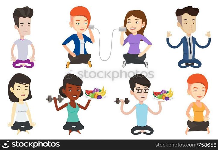 Young women using tin can telephone. Woman getting good message from friend on tin can phone. Friends talking through a tin phone. Set of vector flat design illustrations isolated on white background.. Vector set of sport characters.