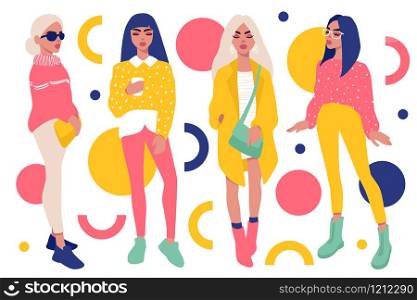 Young women vector set. Stylish girls in trendy clothes isolated on white background. Fashion teens. Colorful People illustration in flat style. Female cartoon characters.. Young women vector set. Stylish girls in trendy clothes isolated on white background.