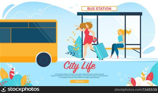 Young Women Waiting on Bus Station. Girl in Red Dress Holding Suitcase Waving Hand to Attract Driver Attention. City Life, Commuter Public Transport Cartoon Flat Vector Illustration, Horizontal Banner. Women Waiting on Bus Station, Public Transport
