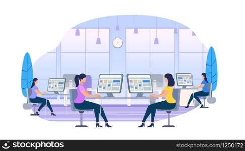 Young Women Working on Computers Sitting at Desks in Coworking Area, Distance Education Classroom, Girls Chatting in Internet. Social Media, Technologies in Human Life Cartoon Flat Vector Illustration. Young Women Working on Computers Sitting at Desks