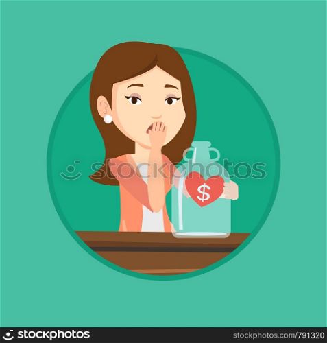 Young worried bankrupt business woman looking at empty money box. Desperate bankrupt sitting at the table with empty money box. Vector flat design illustration in the circle isolated on background.. Bankrupt woman looking at empty money box