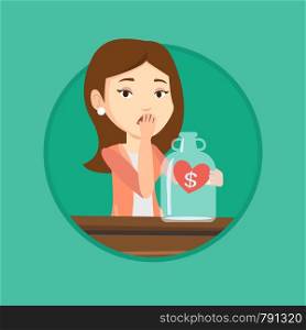 Young worried bankrupt business woman looking at empty money box. Desperate bankrupt sitting at the table with empty money box. Vector flat design illustration in the circle isolated on background.. Bankrupt woman looking at empty money box