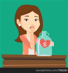 Young worried bankrupt business woman looking at empty money box. Desperate bankrupt sitting at the table with empty money box. Bankruptcy concept. Vector flat design illustration. Square layout.. Bankrupt woman looking at empty money box