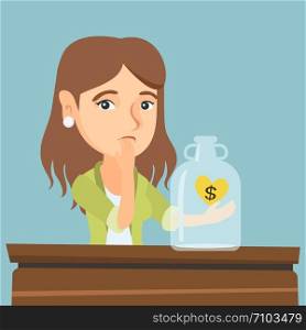 Young worried broke woman looking at empty money box. Desperate broke woman sitting at the table with empty money box. Bankruptcy and insolvency concept. Vector cartoon illustration. Square layout.. Caucasian broke woman looking at empty money box.