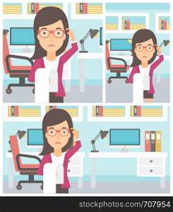 Young worried business woman standing in the office and holding a long bill. Concept of business bankruptcy. Vector flat design illustration. Square, horizontal, vertical layouts.. Business woman with long bill vector illustration.
